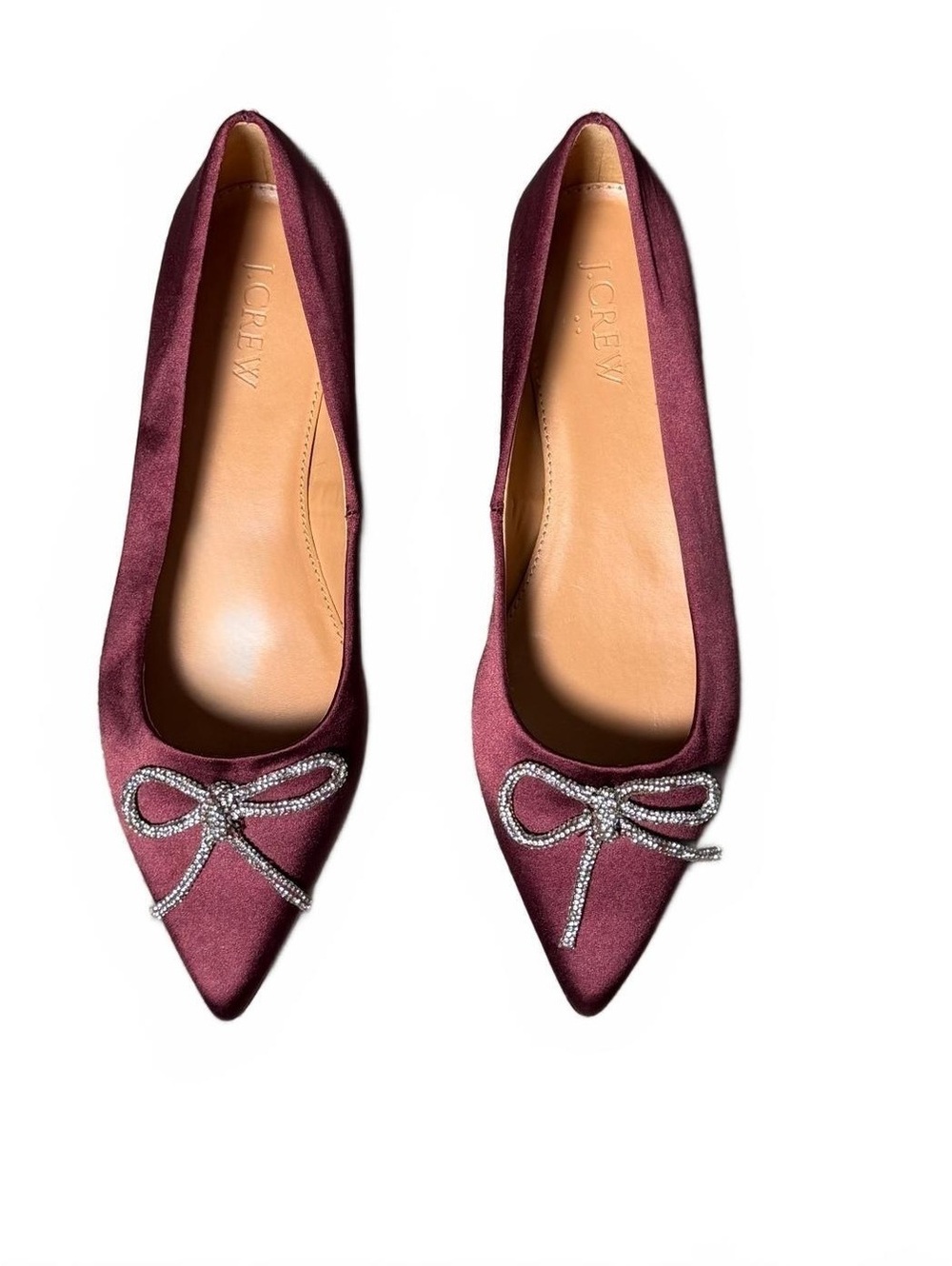 J Crew Flat 5.5 Burgundy Satin Pointed Toe Ballet Flat Crystal Bows Dressy Shoe